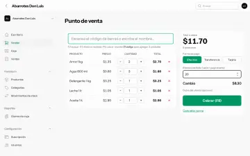 Pantalla de venta: productos escaneados, total a cobrar y cambio